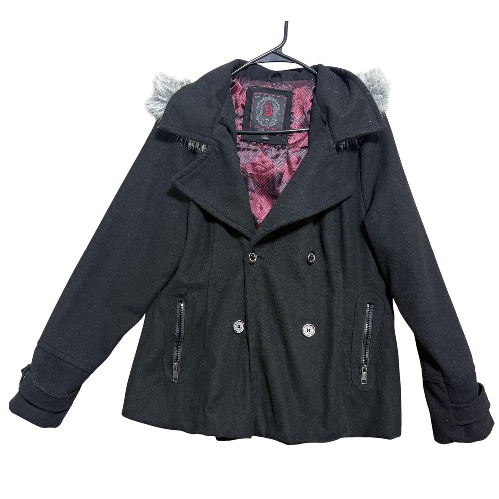 Dollhouse Jacket Womens XL Black Hooded Peacoat Faux Fur Trim Double Breasted